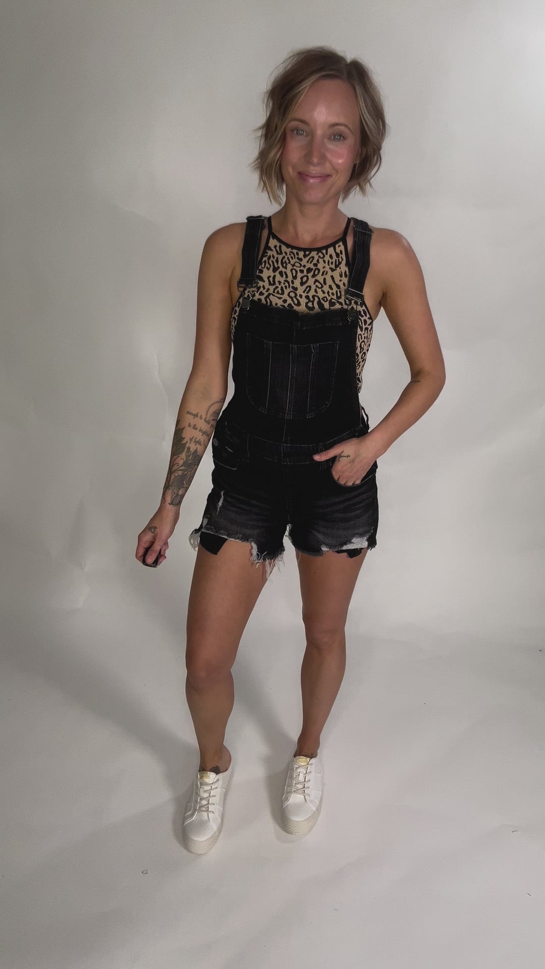 RISEN Jayla Front Distressed Short Overall- BLACK-FINAL SALE