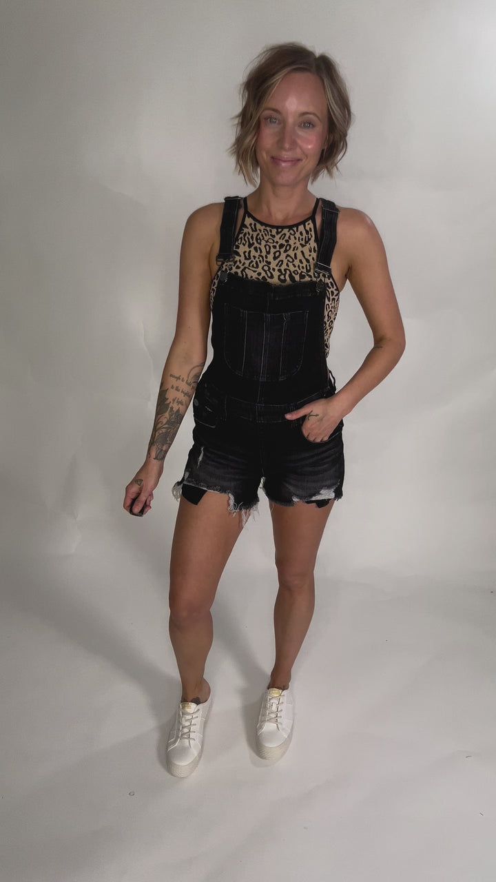 RISEN Jayla Front Distressed Short Overall- BLACK-FINAL SALE