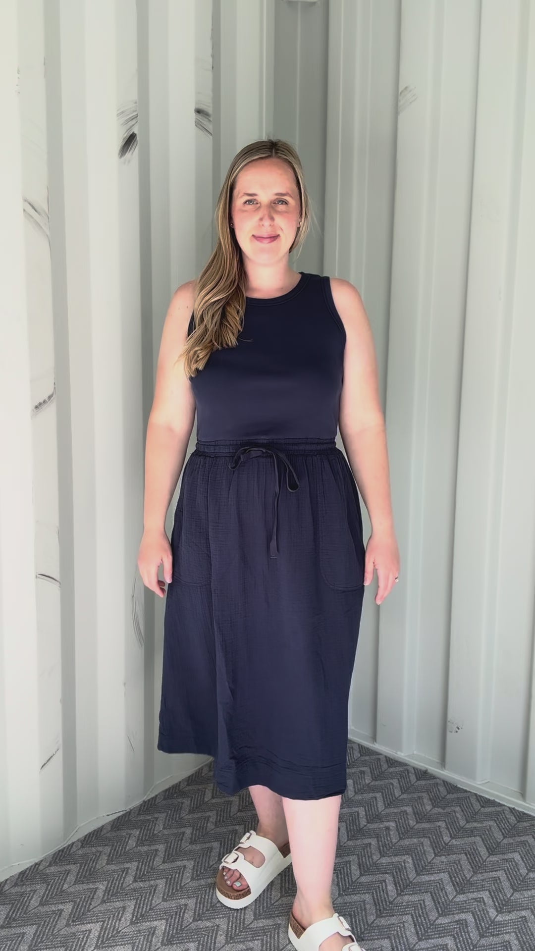 Ocean Bloom Cotton Tank Dress- NAVY