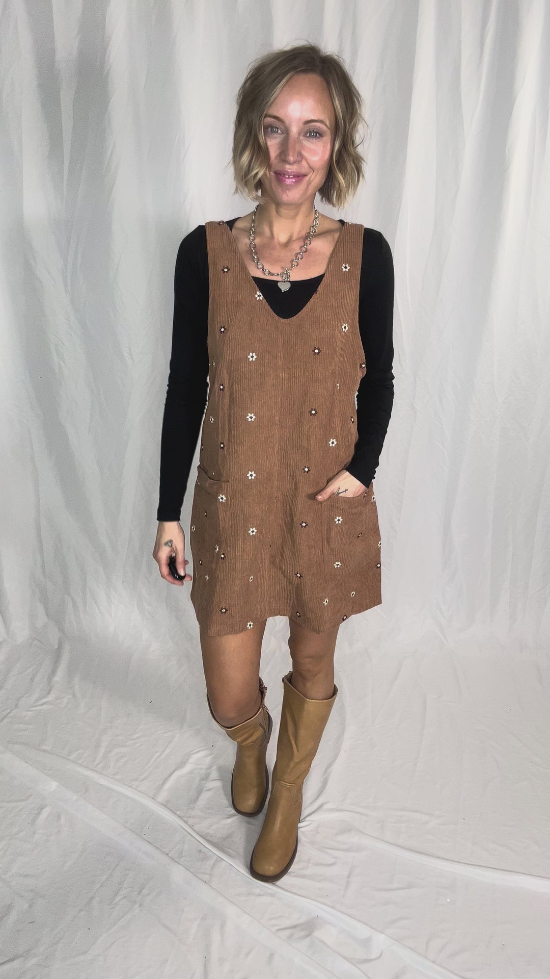 Posies Floral Embroidered Corduroy Jumper Dress- CARAMEL