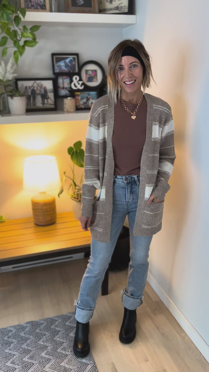 Anvil Striped Pocket Cardigan- CREAM/GREY