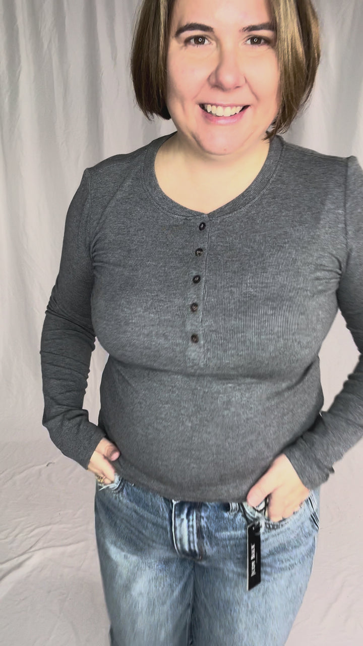 Carolyn Ultra Soft Classic Ribbed Long sleeve Henley- HEATHER GREY