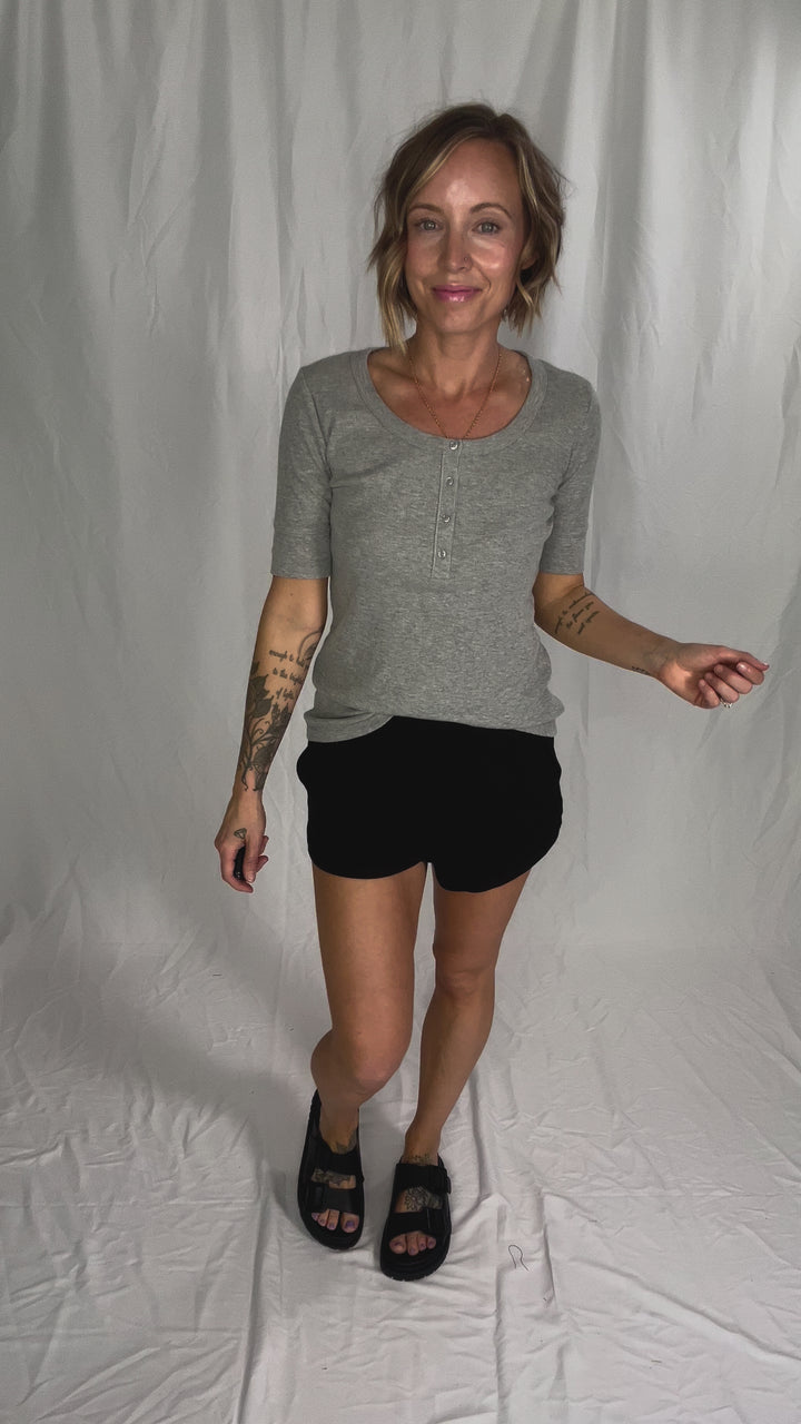 Melissa Ribbed 1/2 Sleeve Henley Top- HEATHER GREY