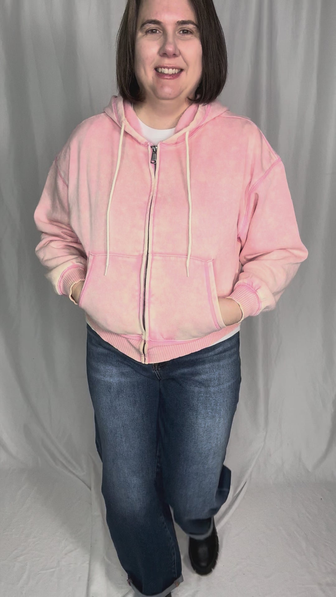 Muse Acid Wash Fleece Zip Up Hoodie- PINK