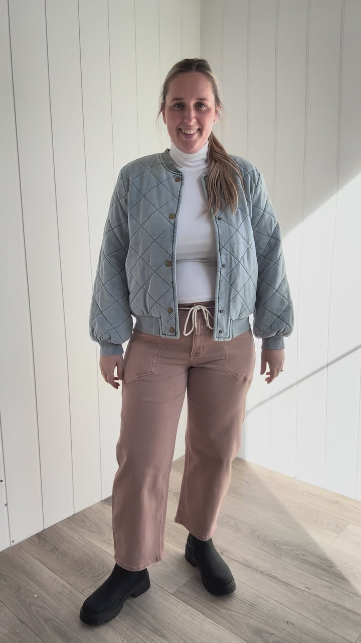 Pacey Washed Cotton Quilted Bomber Jacket- LIGHT DENIM BLUE