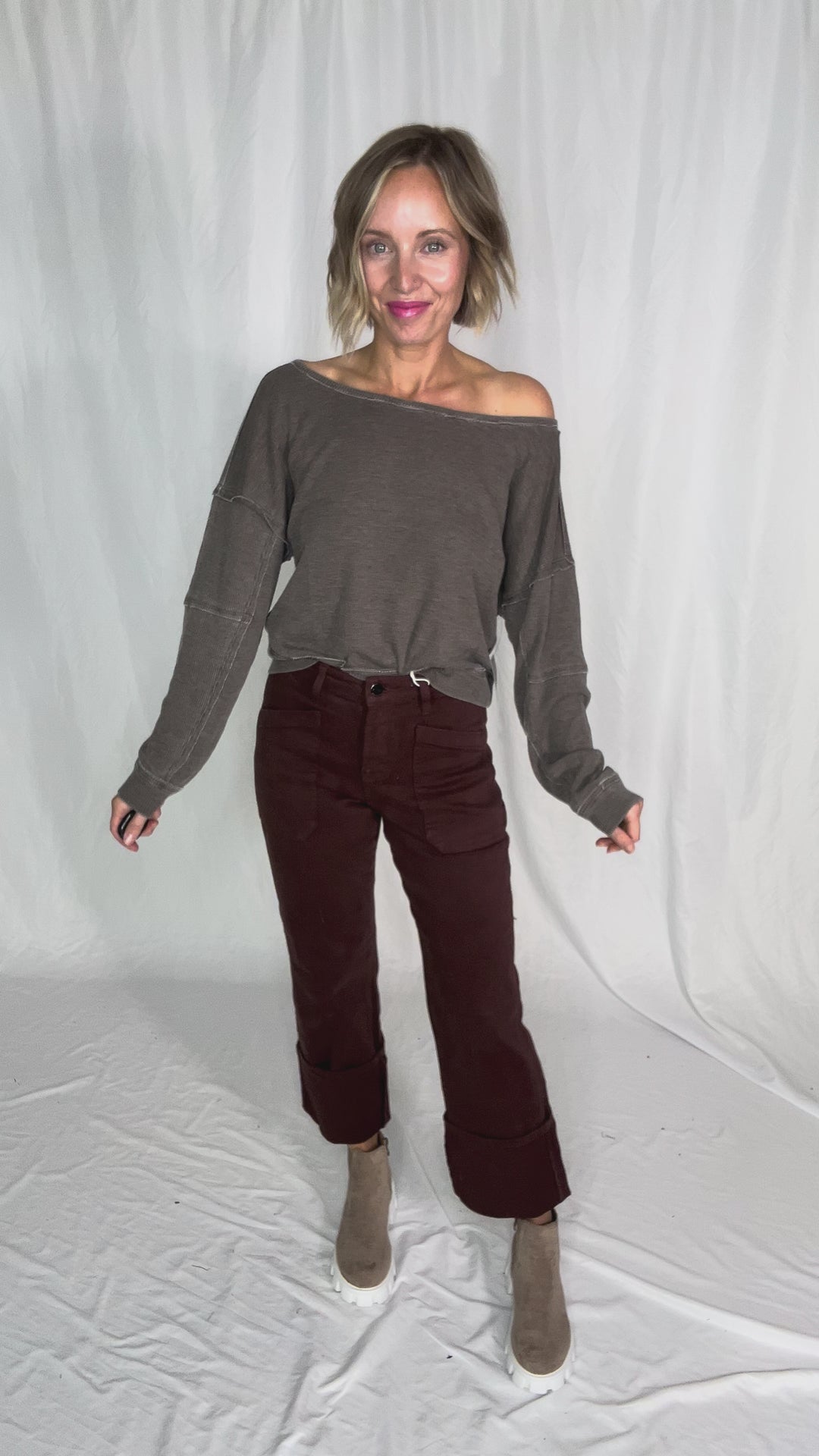 MONO B Aris Waffle Boat Neck Pullover- ESPRESSO