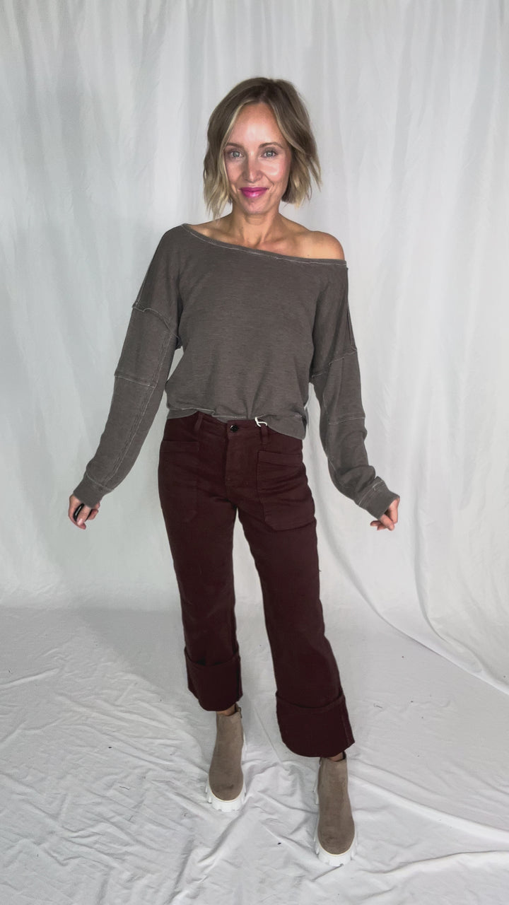 MONO B Aris Waffle Boat Neck Pullover- ESPRESSO