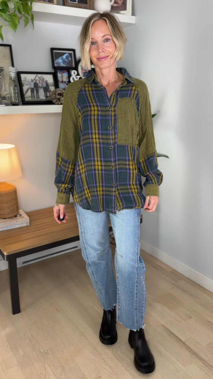 Finn Plaid Mix Cotton Tunic- TEAL GREEN