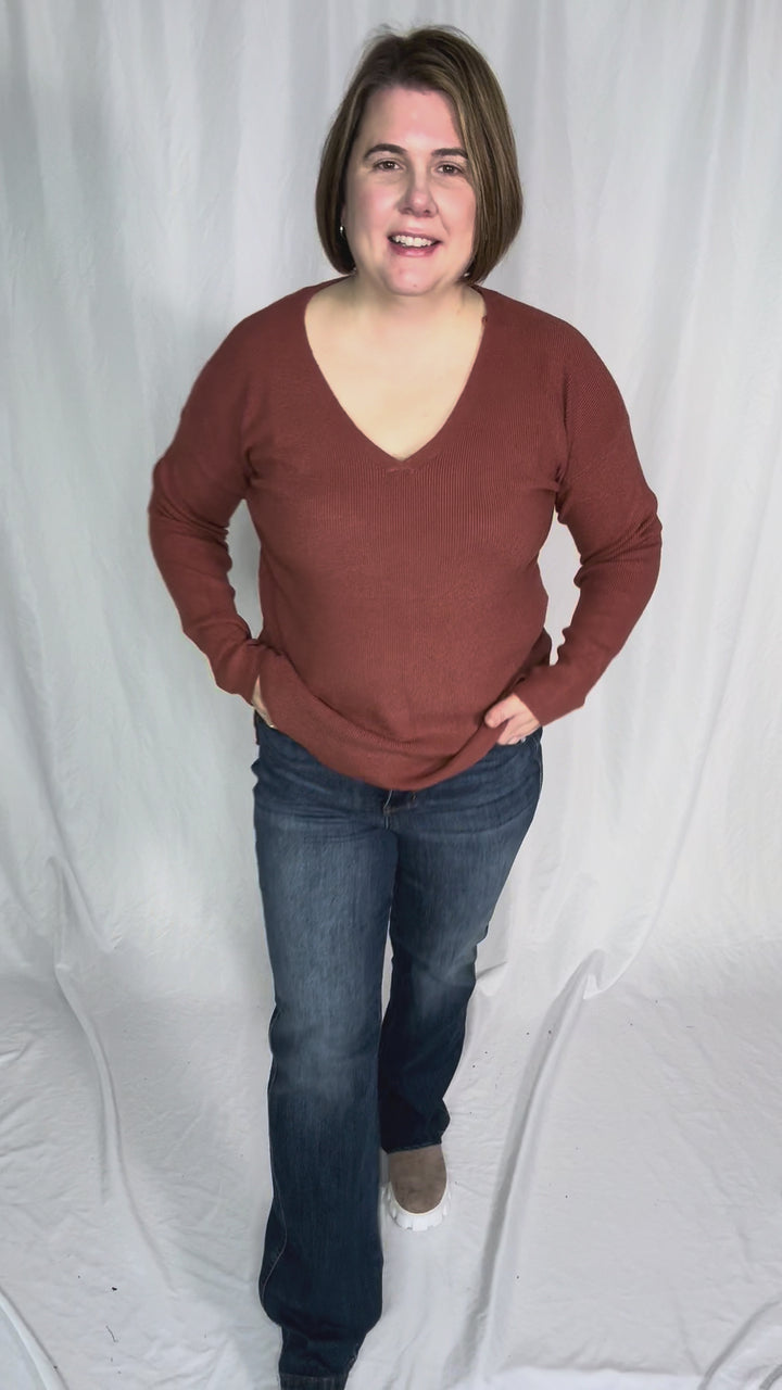 Jillian Knit V-Neck Drop Shoulder Sweater- BRICK