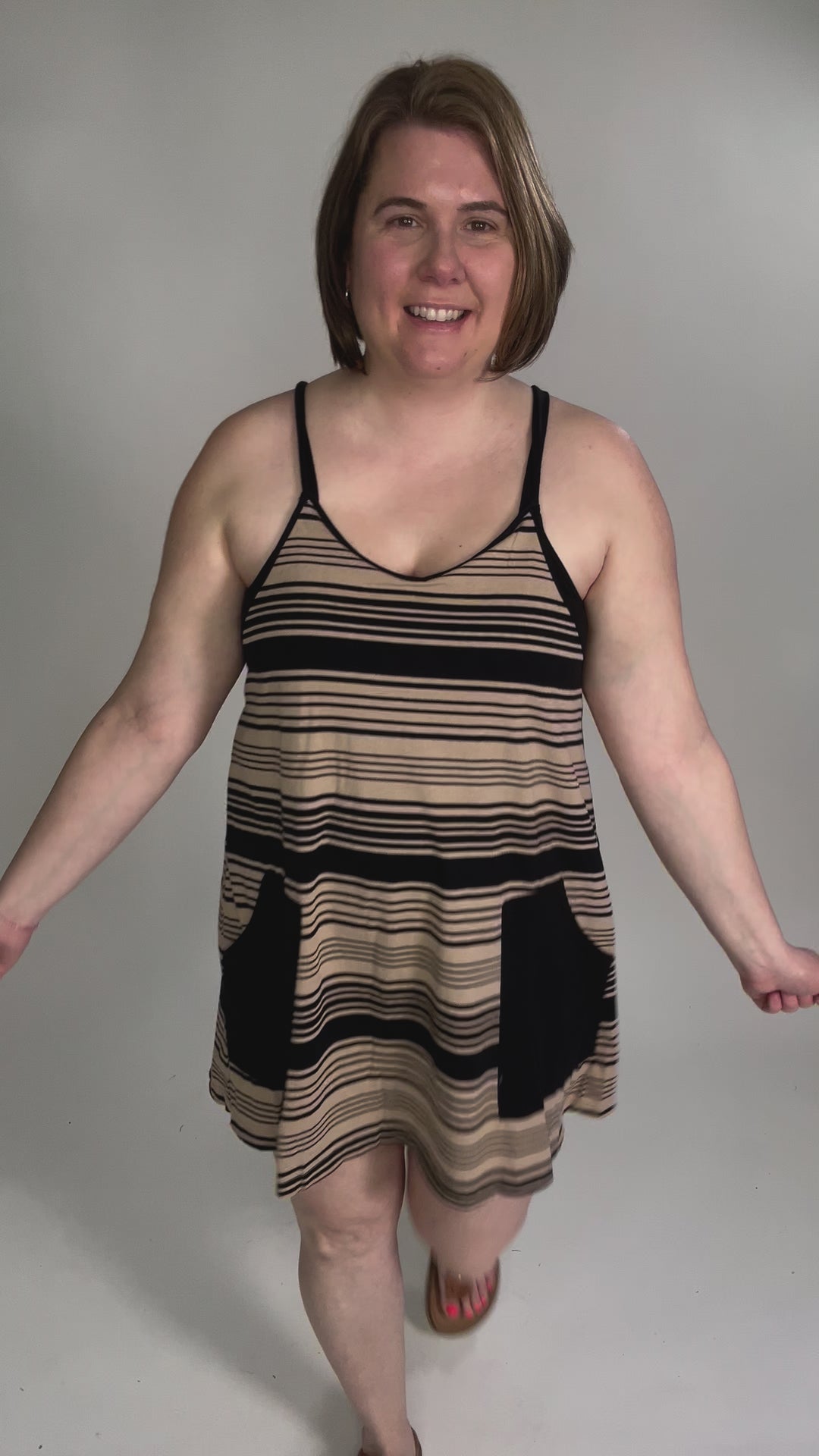 Malika V-Neck Striped Romper Dress- BLACK/MOCHA-FINAL SALE