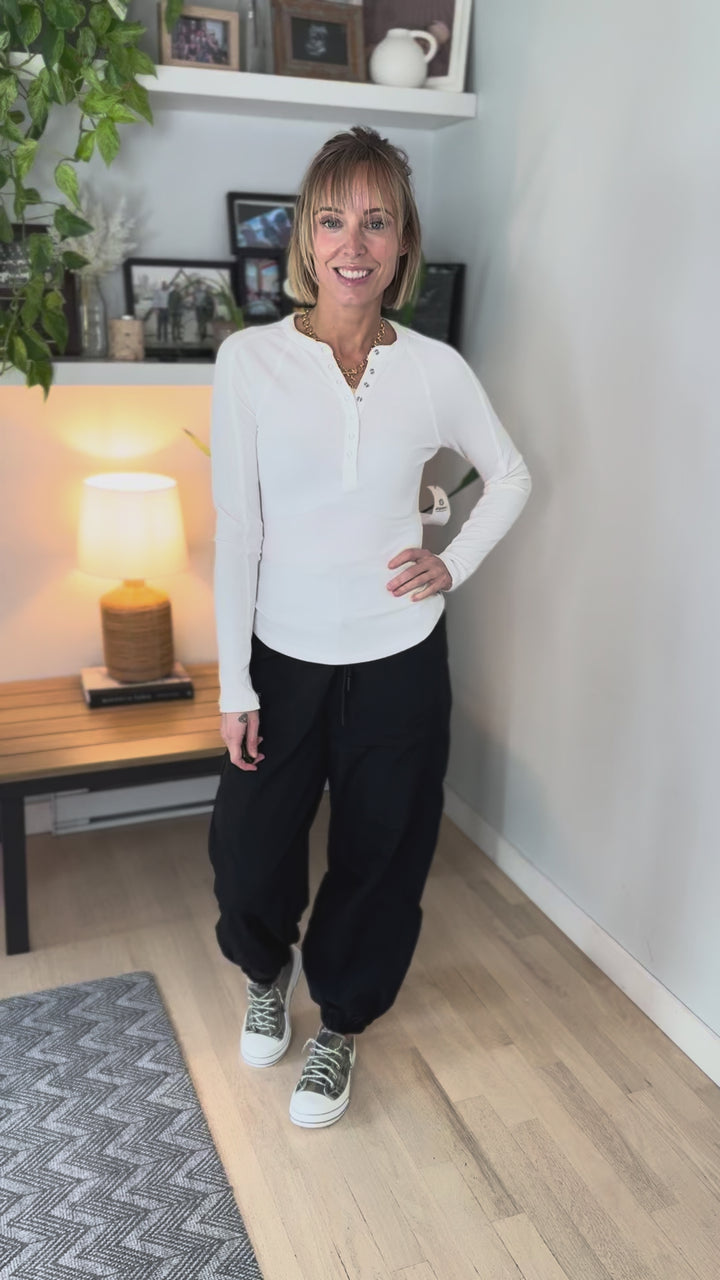 Mono B Breeze Micro Ribbed Henley Top- BASIC WHITE