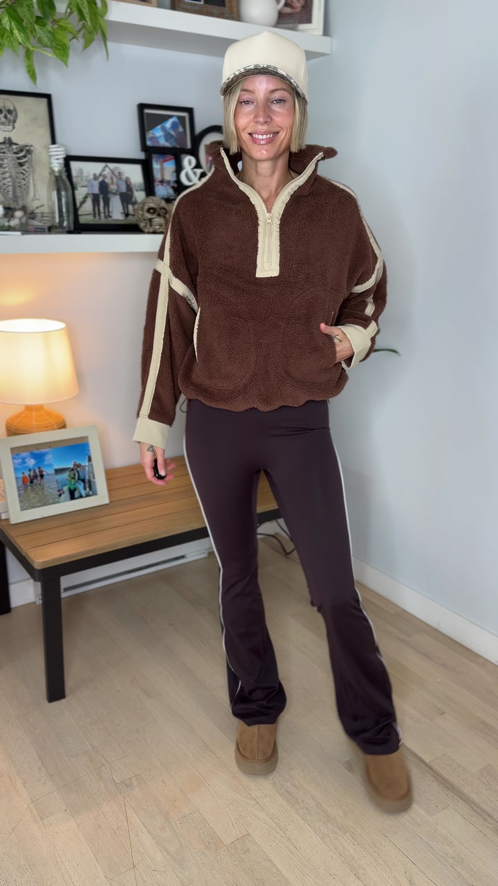 Justina Half Zip Sherpa Fleece Pullover- BROWN/TAN