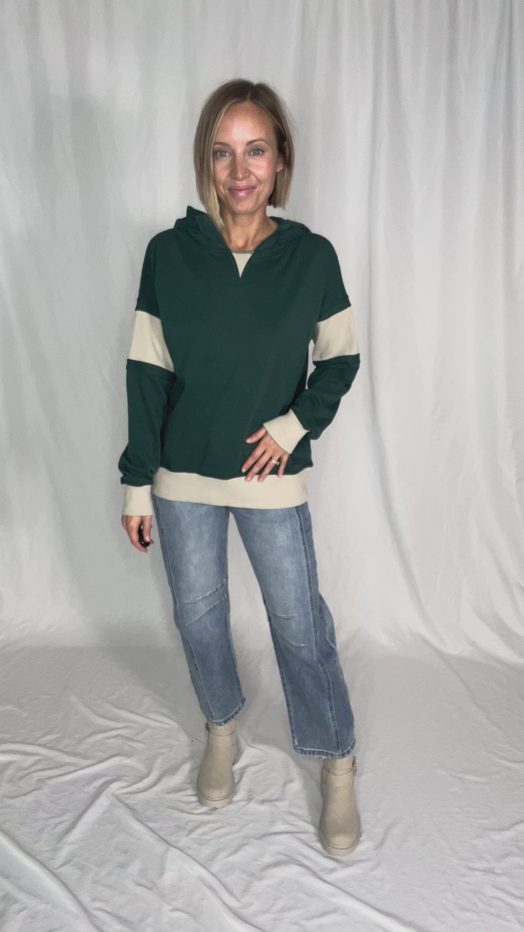 Cora French Terry Pullover Hoodie With Contrast Ribbing- HUNTER GREEN