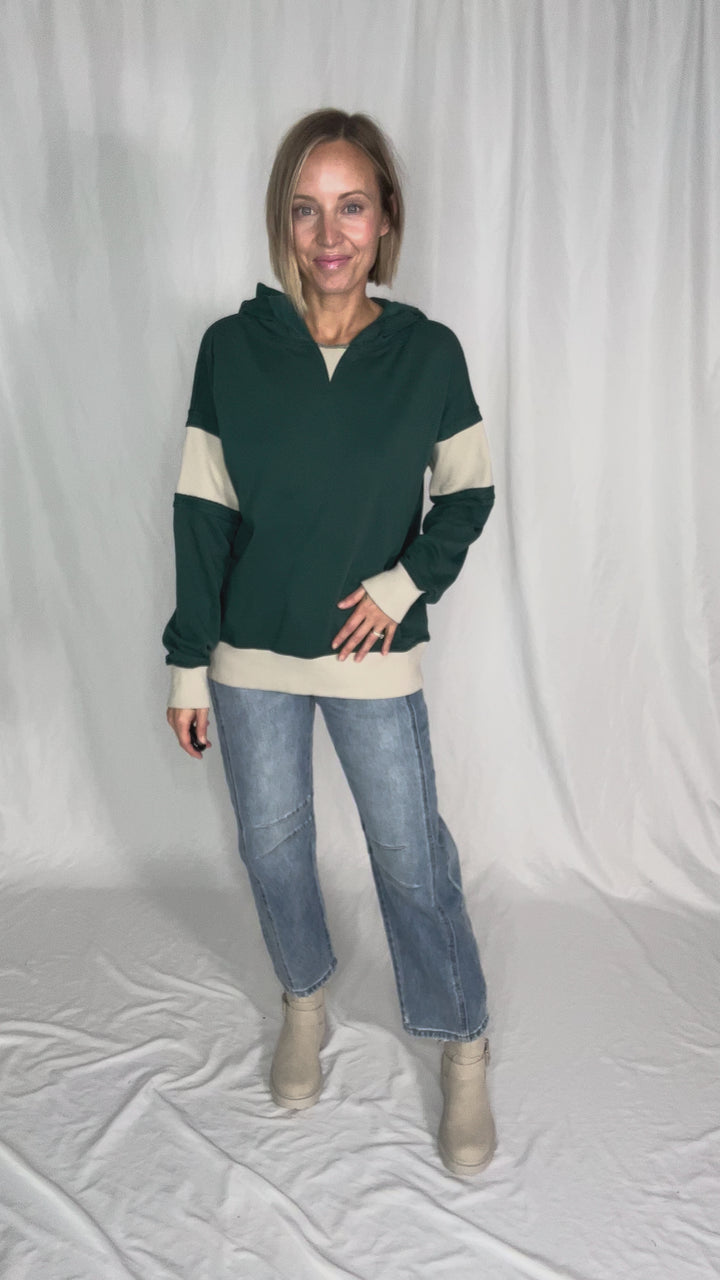 Cora French Terry Pullover Hoodie With Contrast Ribbing- HUNTER GREEN