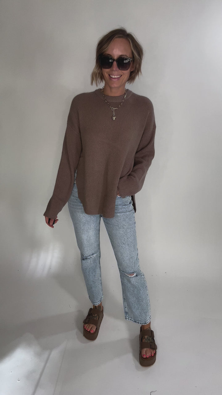 Letha Soft Knit Slide Slit Sweater- TAUPE-FINAL SALE