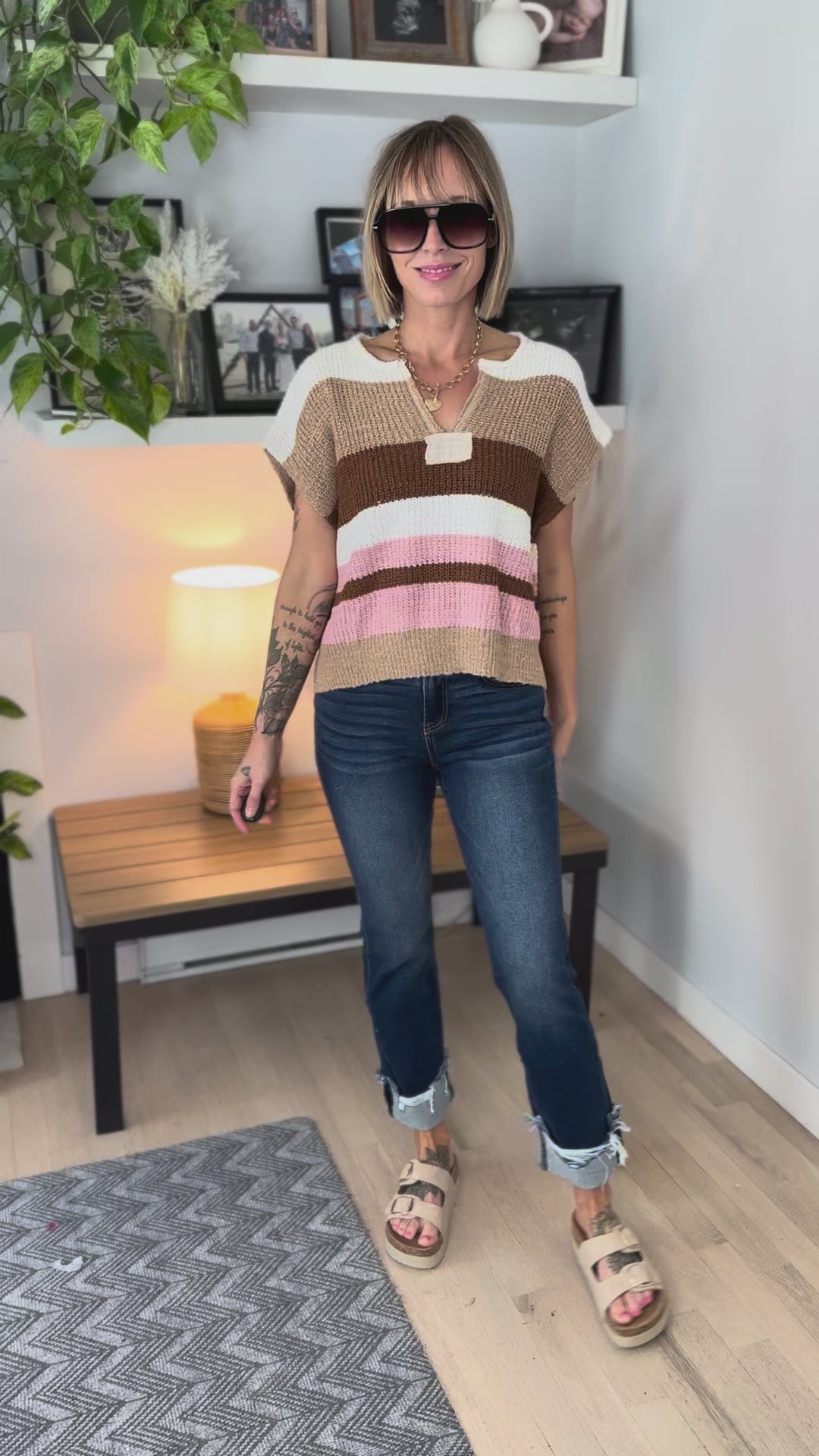 Maja Notch V Stripe Sweater- ROSY HAZELNUT
