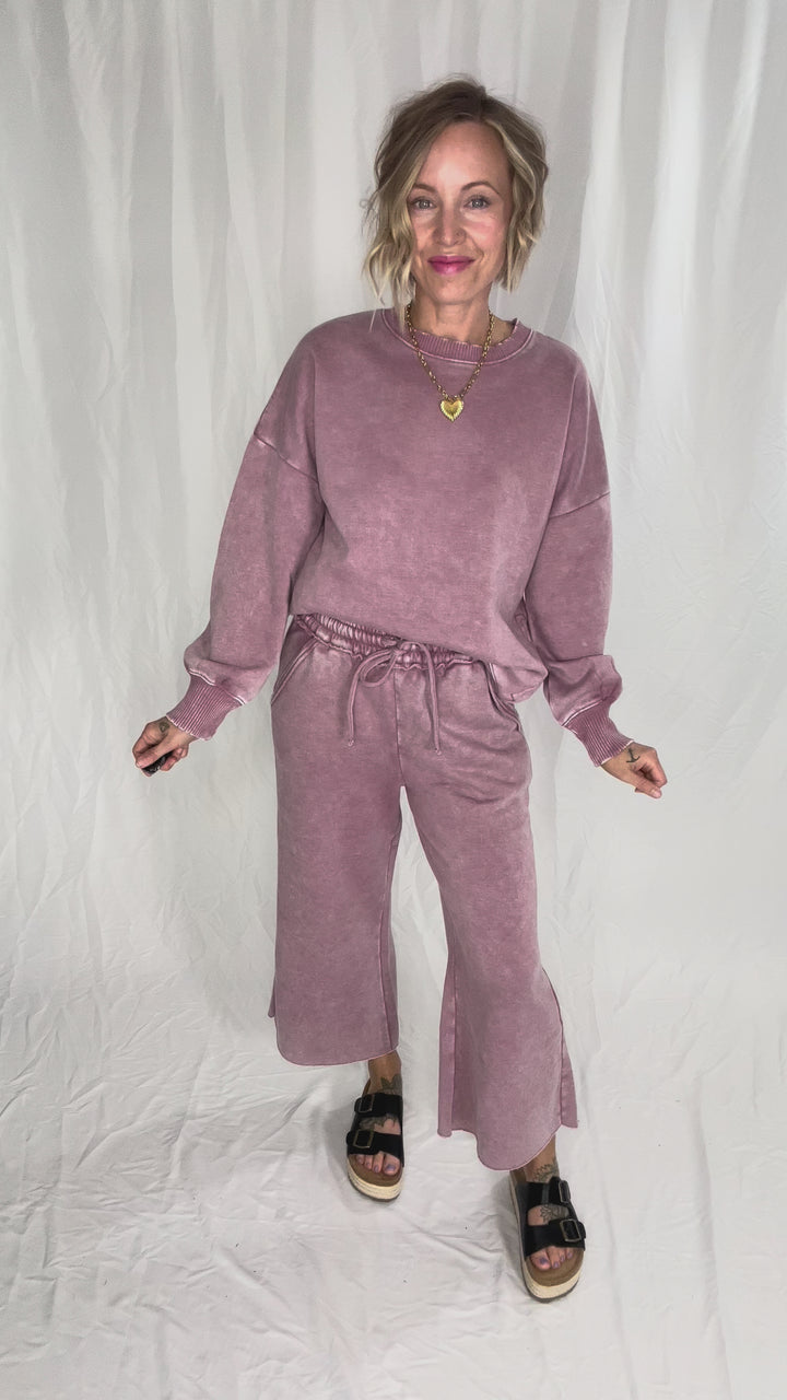 Caslo Acid Wash Fleece Palazzo Sweats- LIGHT ROSE