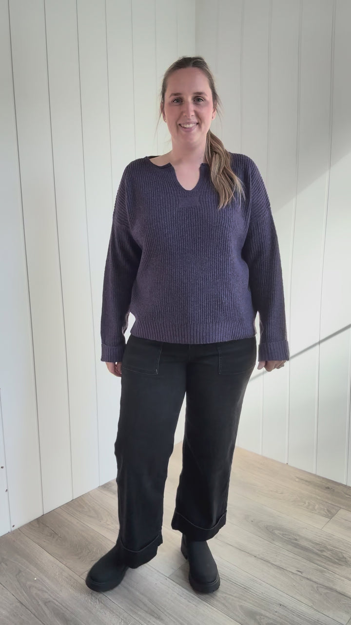 Ria Slit Neck Sweater- EGGPLANT