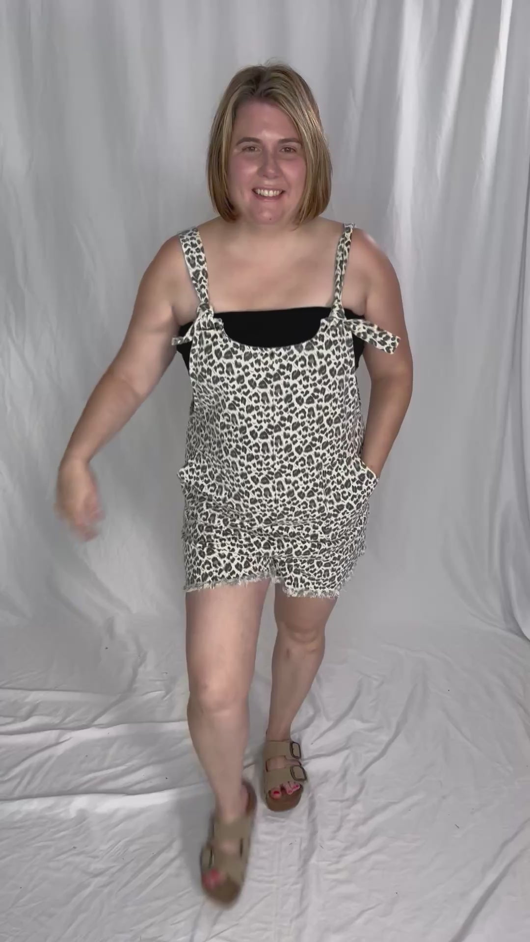 Joey Knotted Short Overalls- WHITE/LEOPARD