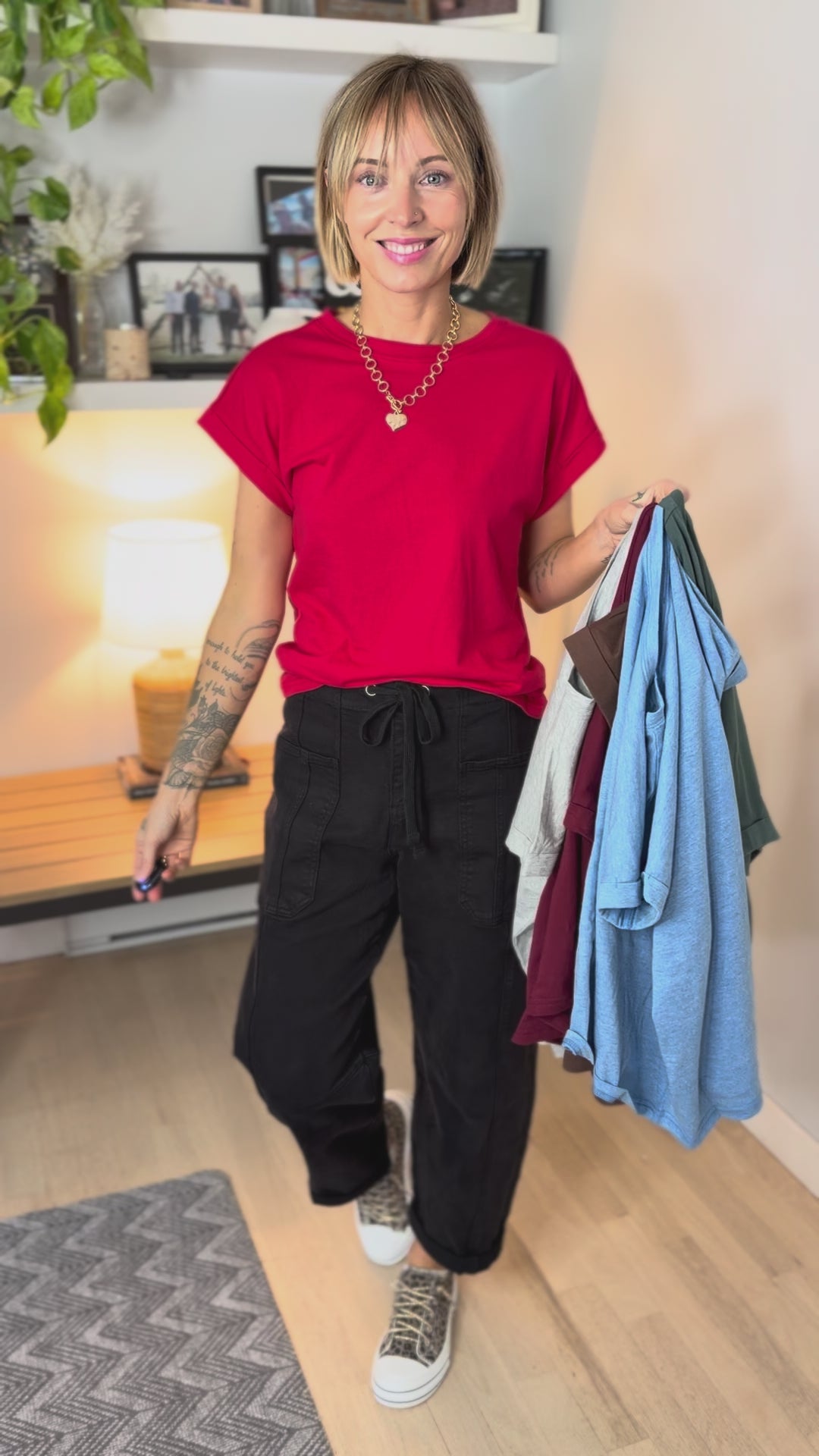 Addison Cotton Folded Sleeve T-Shirt- RUBY