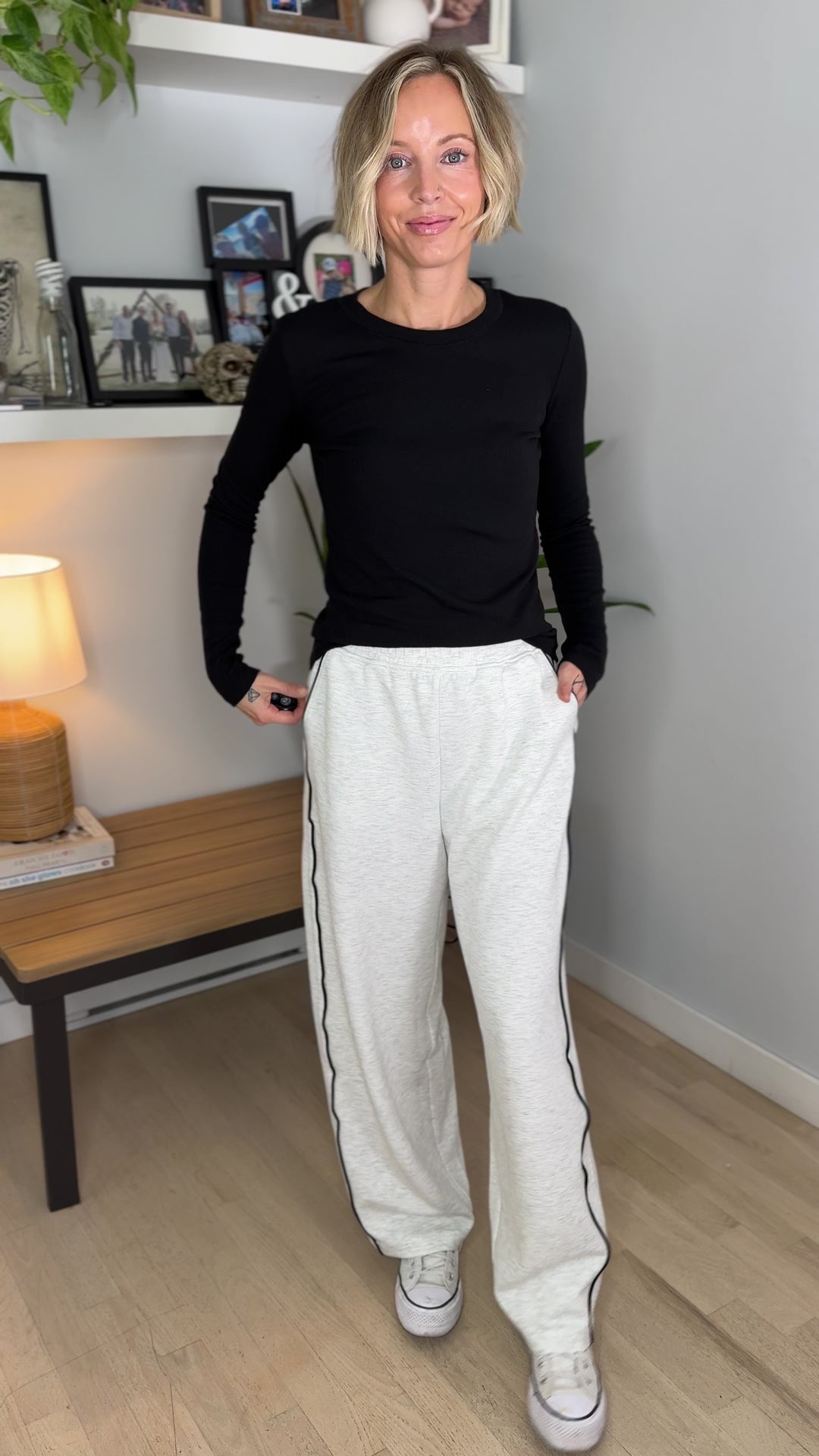 Miranda Modal Piping Straight Leg Pant- LIGHT HEATHER GREY/BLACK