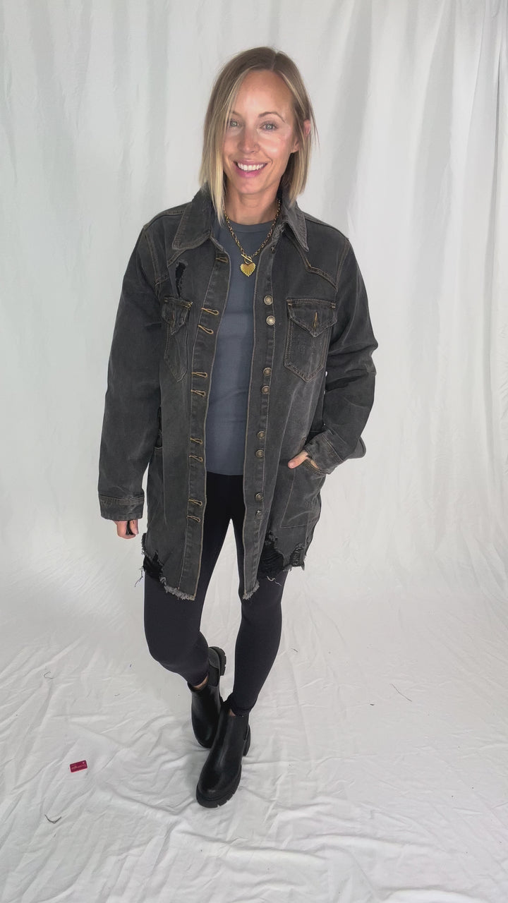 Benton Distressed Denim Jacket- BLACK
