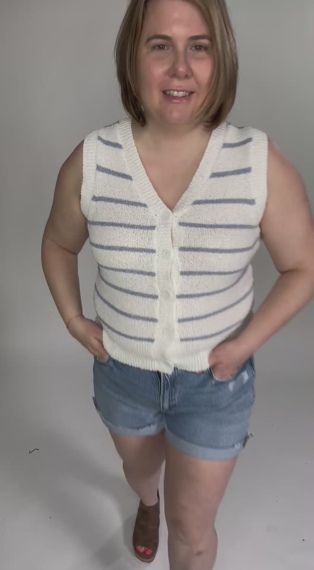 Elana Cozy Striped Button Up Sweater Vest- SLATE BLUE