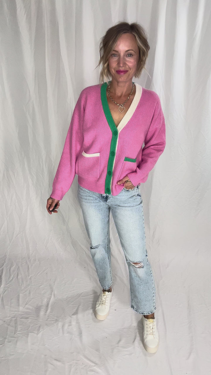 Jane Knit Button Sweater- PINK COMBO