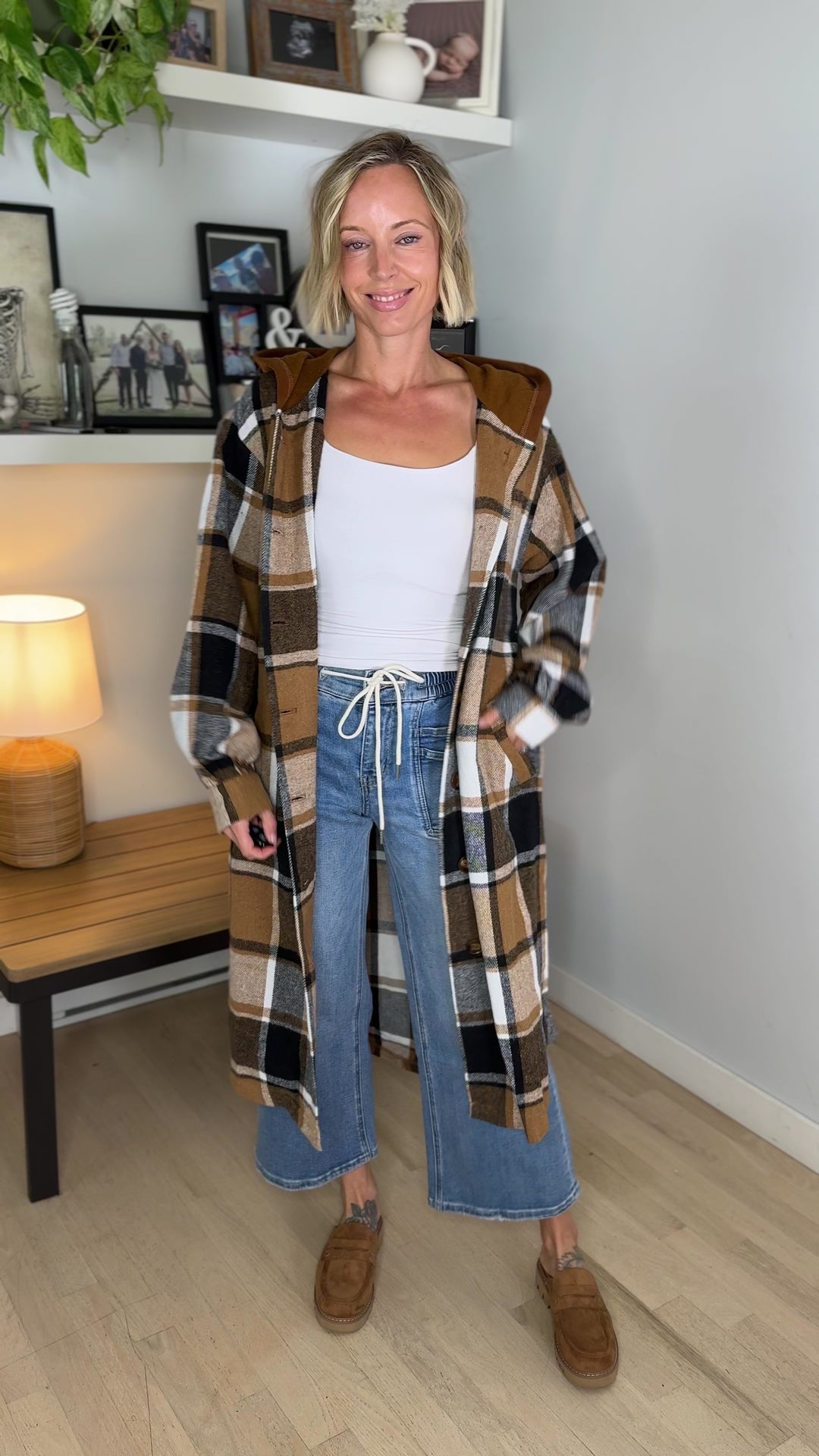Pinewood Long Line Hooded Plaid Shacket- CAMEL