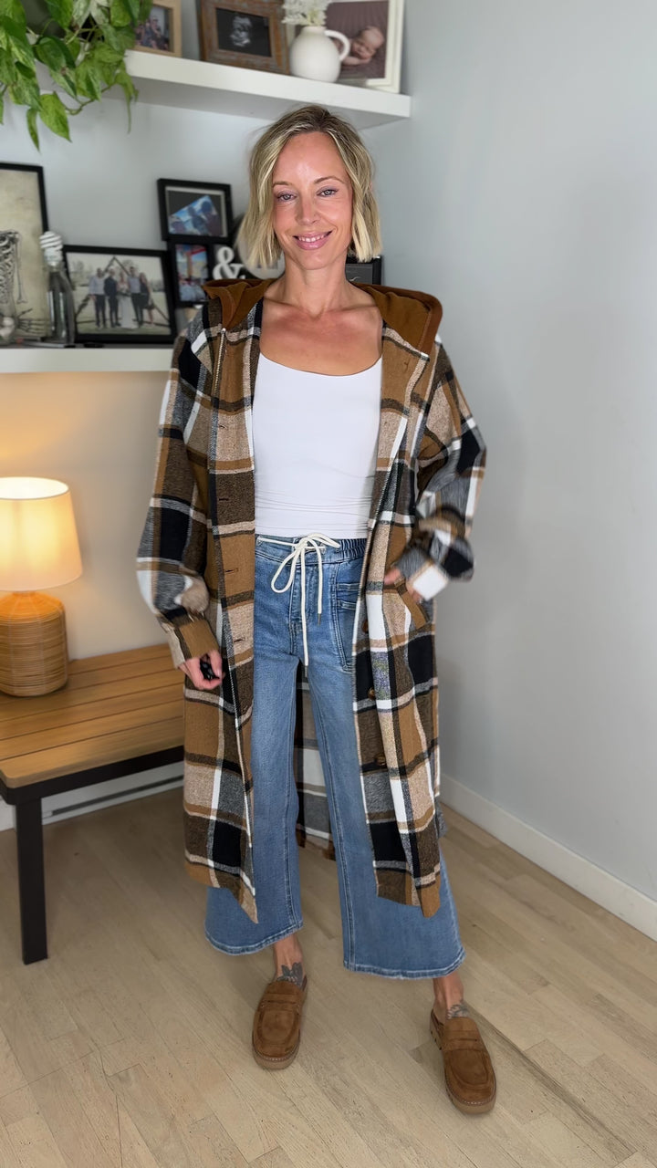Pinewood Long Line Hooded Plaid Shacket- CAMEL