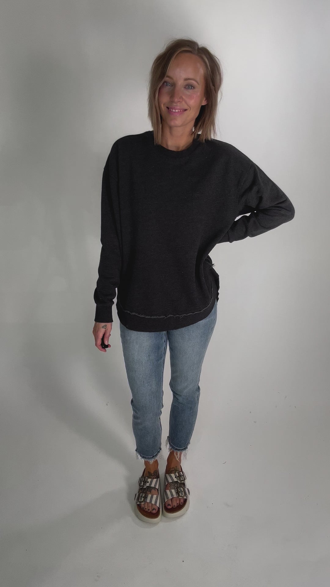 Royce Poncho Round Hem Fleece Crewneck- BLACK-FINAL SALE