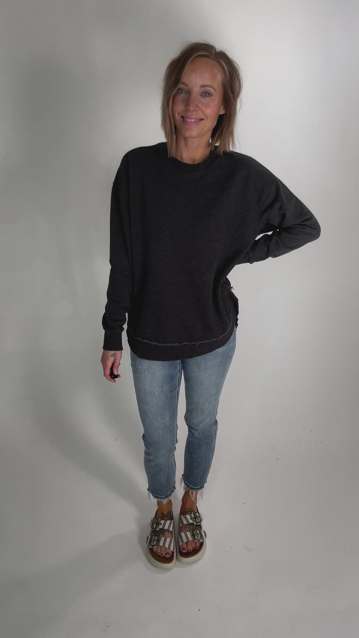 Royce Poncho Round Hem Fleece Crewneck- BLACK-FINAL SALE
