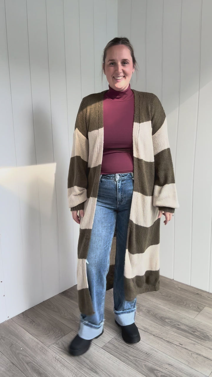Emma Striped Long Knit Cardigan- OLIVE