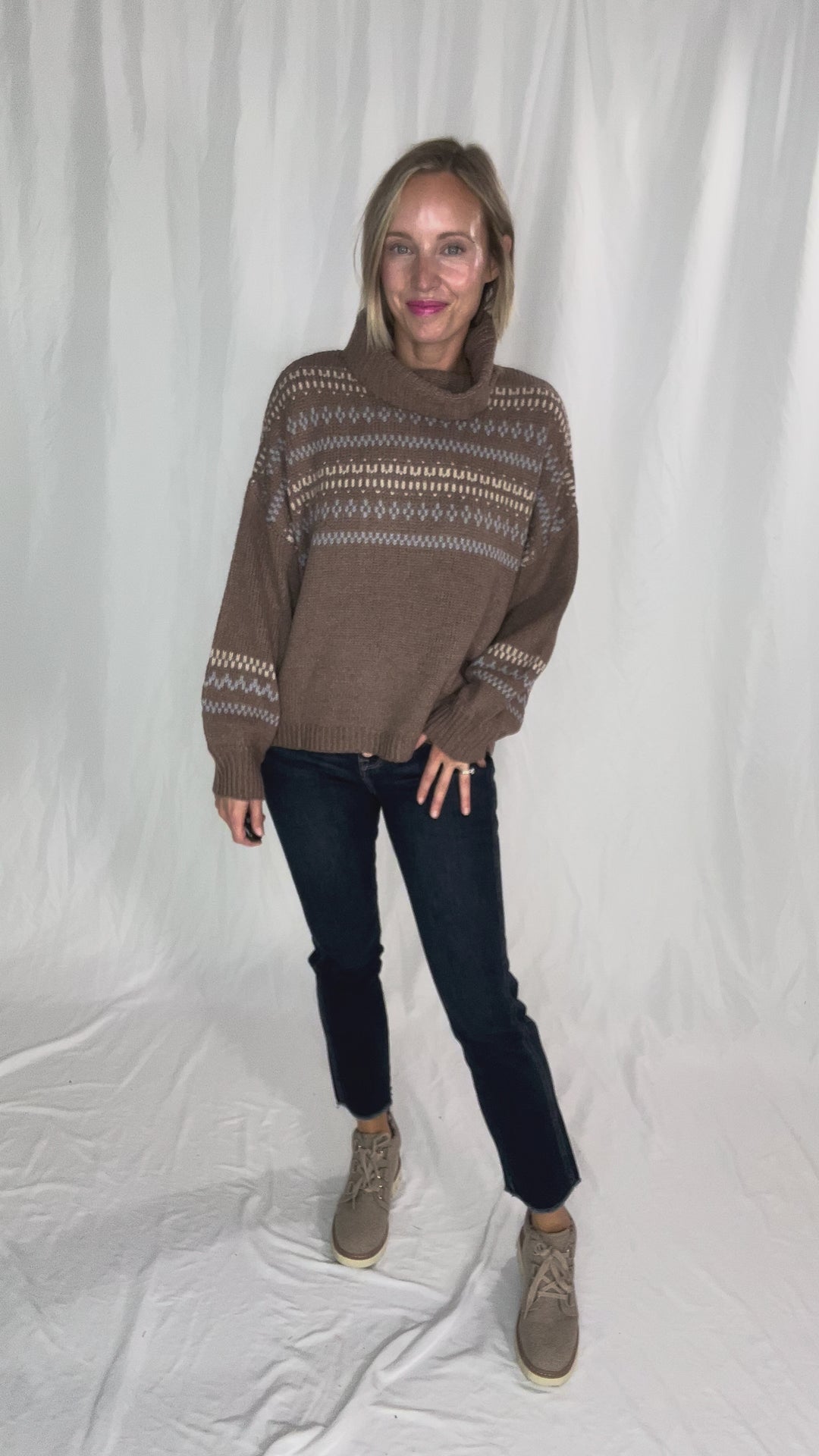 Hollye Cowl Neck Sweater Top- BROWN