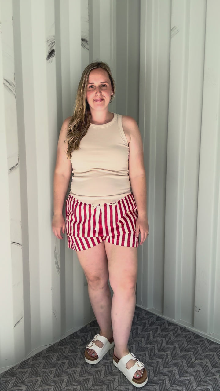 Maria Stripe Twill Denim Shorts- RED