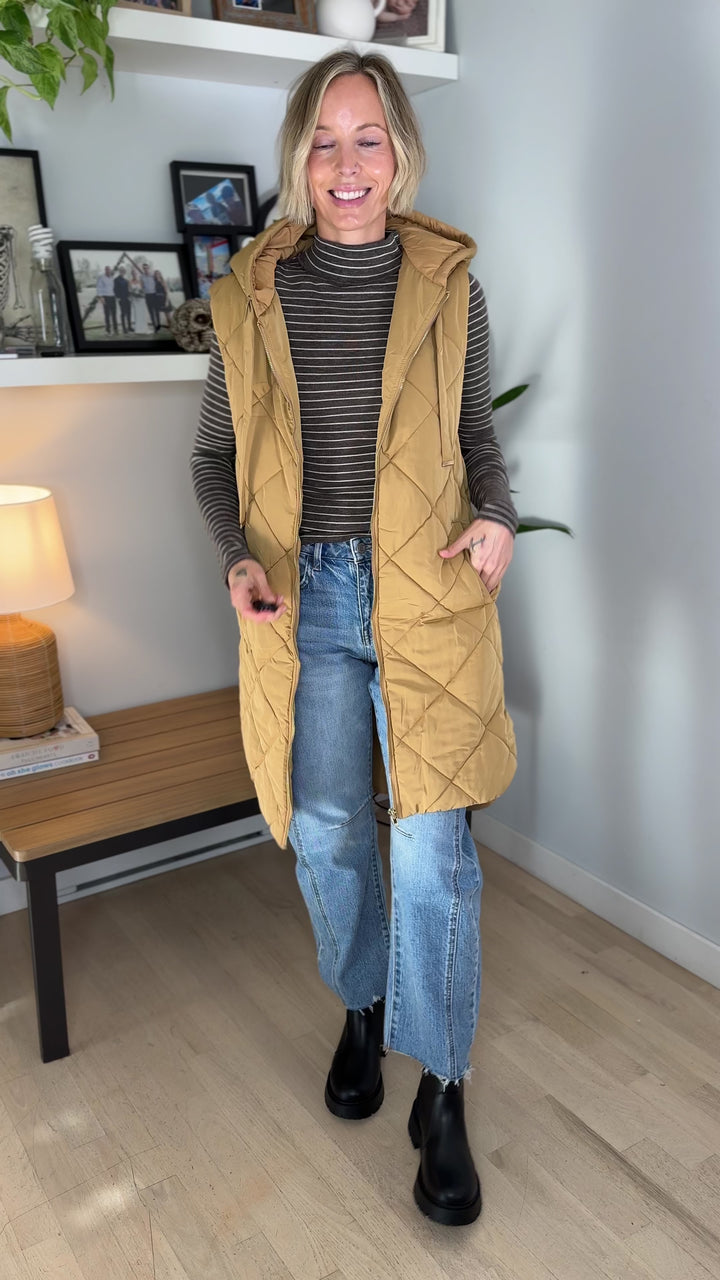 Gloria Quilted Long Puffer Hooded Vest- LATTE