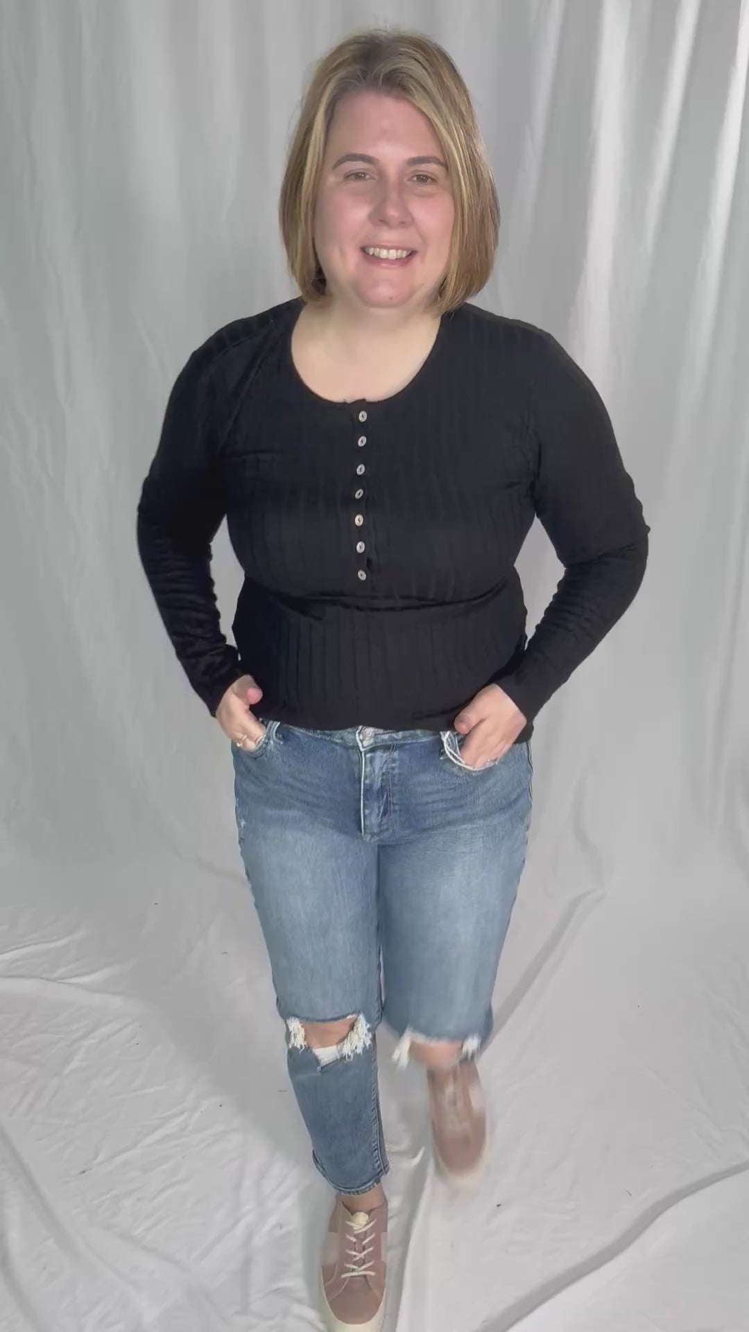 Rhonda Ribbed Long Sleeve Button Down Top- BLACK