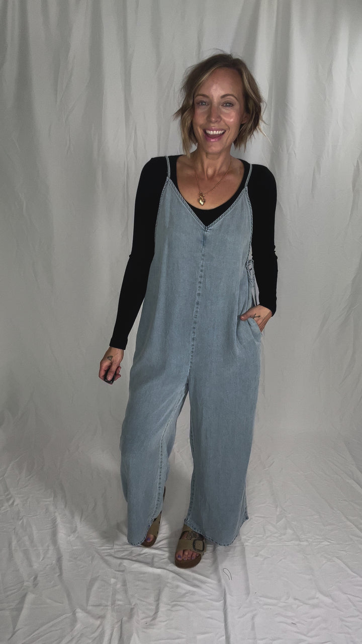Sophia V-Neckline Wide Leg Tencel Denim Jumpsuit- LIGHT DENIM-FINAL SALE