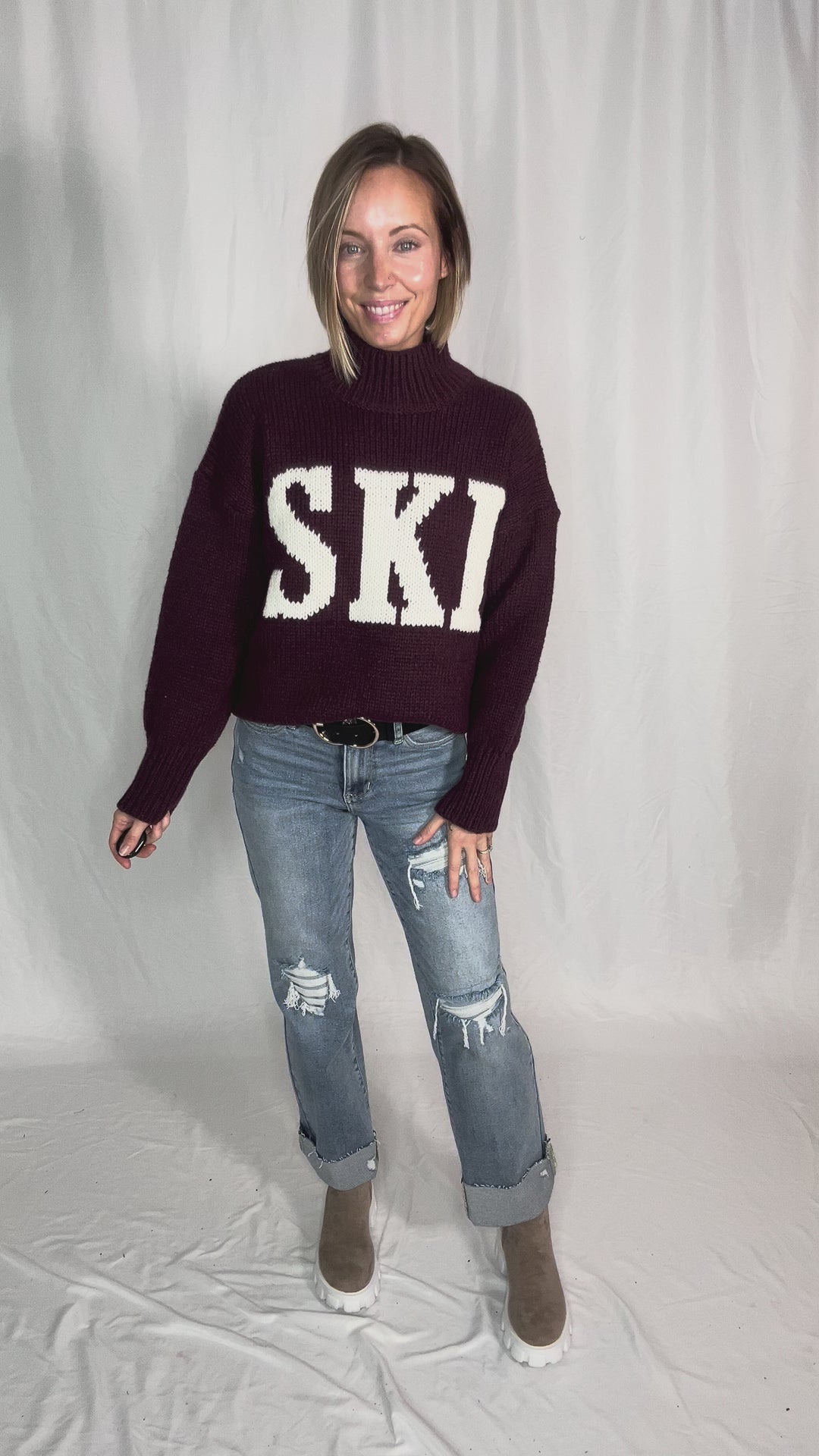 Apres Ski High Neck Sweater- WINE/IVORY