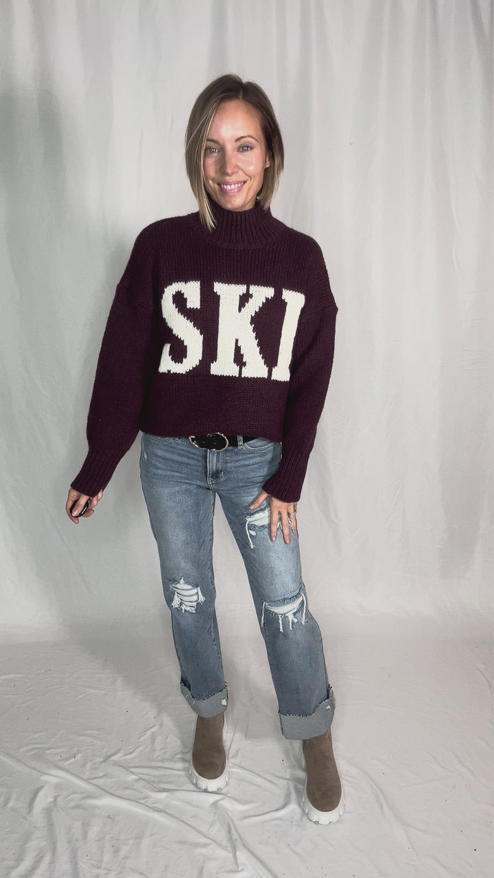 Apres Ski High Neck Sweater- WINE/IVORY