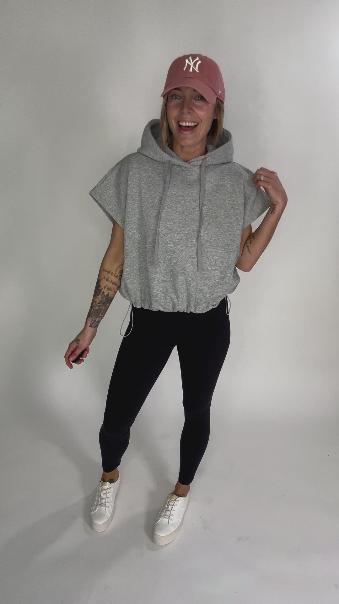 Rae Drawstring Waist Hoodie Top- HTHR GREY