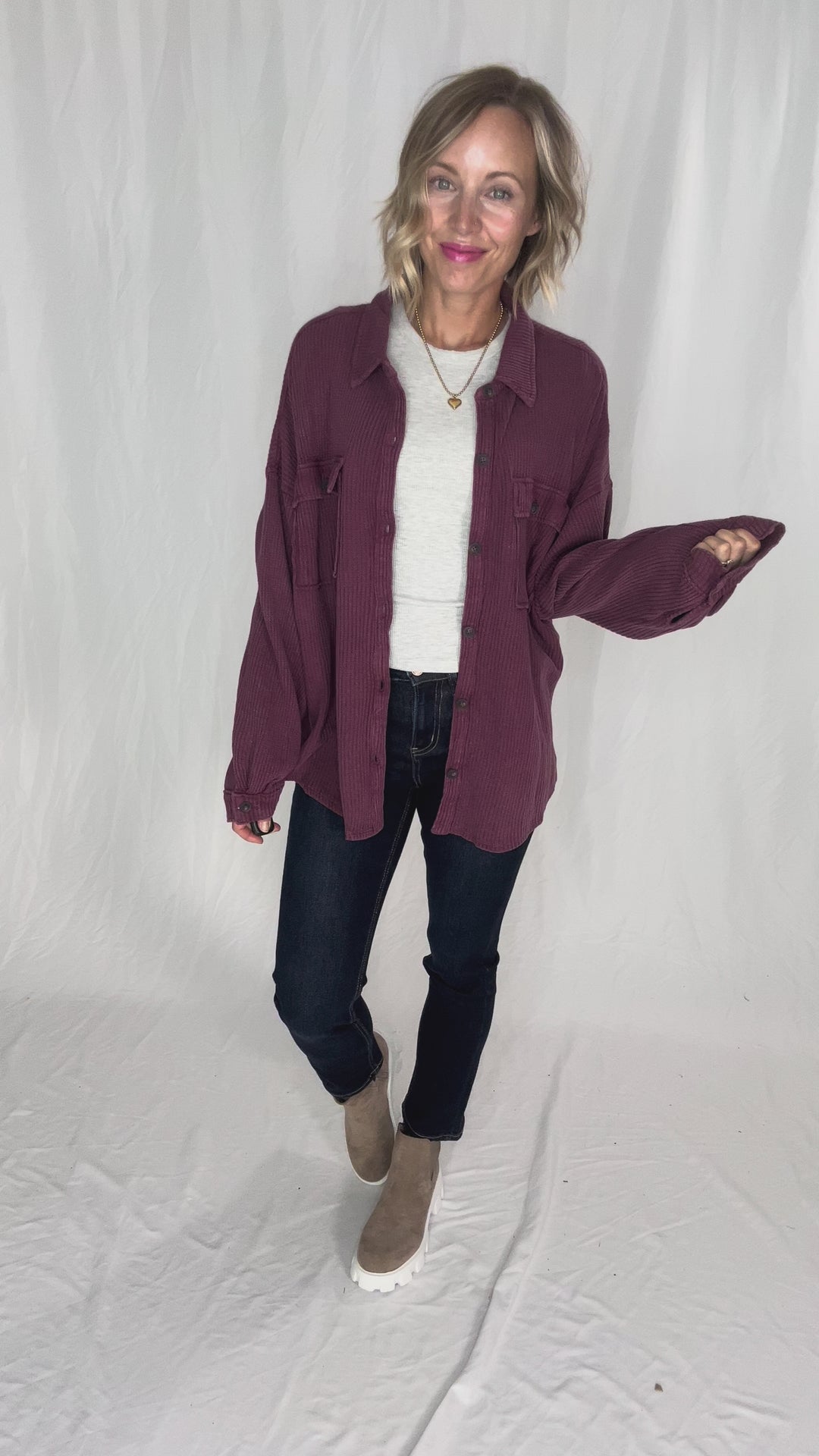 Ivy Waffle Shacket- DARK CHERRY