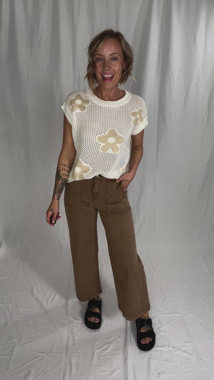 Torie Short Sleeve Floral Fish Net Pullover- OFF WHITE-FINAL SALE