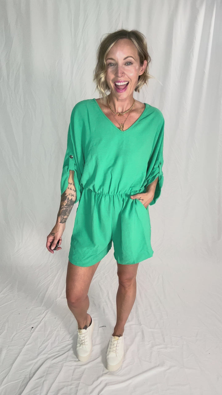 Kalli Airflow V-Neck Tab Sleeve Elastic Waist Romper- PARIS GREEN-FINAL SALE