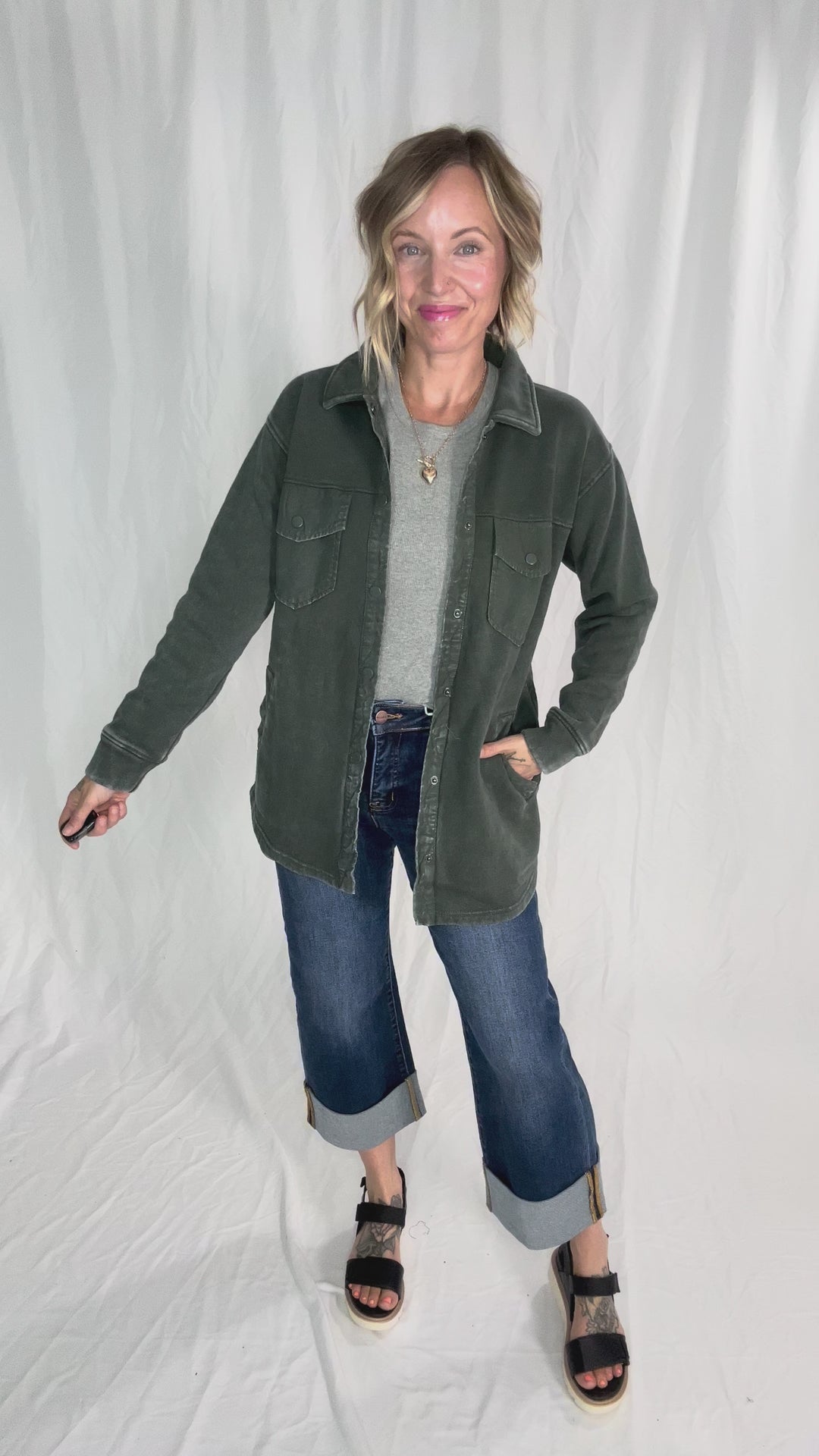 MONO B Valerie Snap on Shacket- DEEP FOREST-FINAL SALE