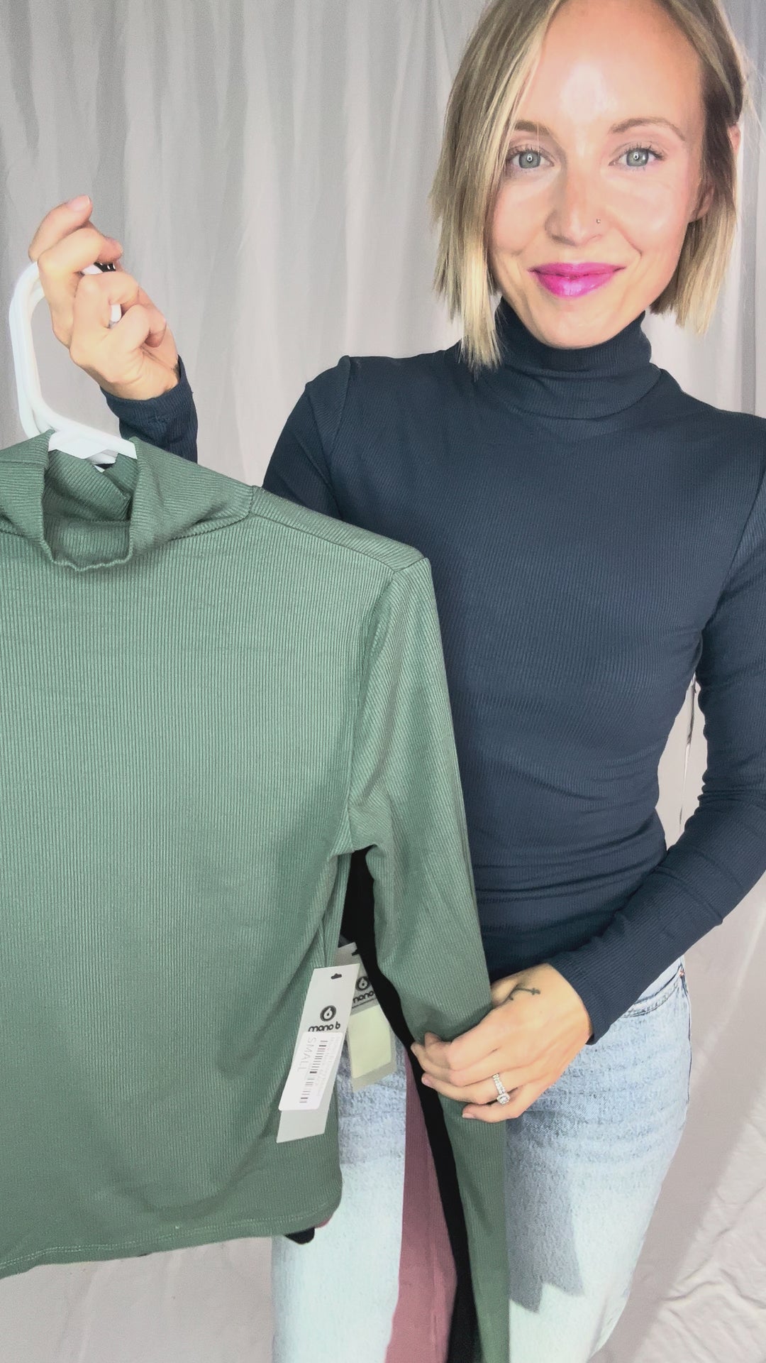 MONO B Linley Ribbed Mock Neck- SILKY PINE