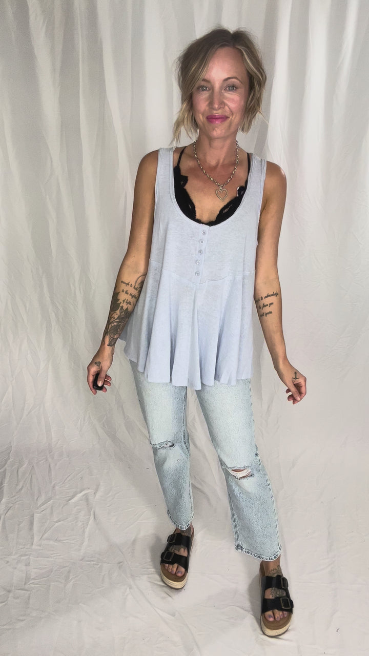 Jocelyn Swing Knit Tank Top With Raw Edge Detail- LIGHT BLUE