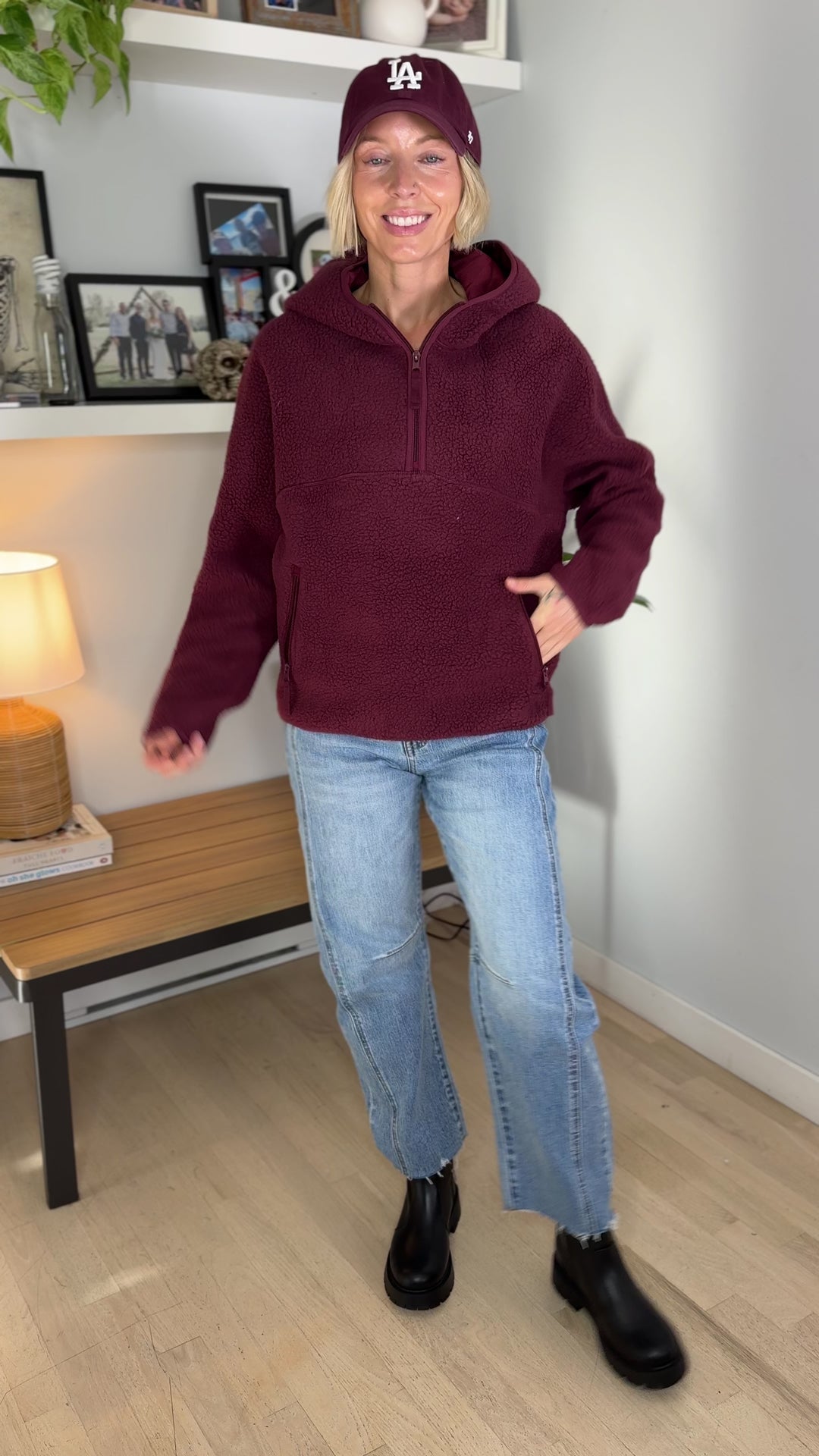 Willa 1/2 Zip Fleece Hoodie Pullover- WINE