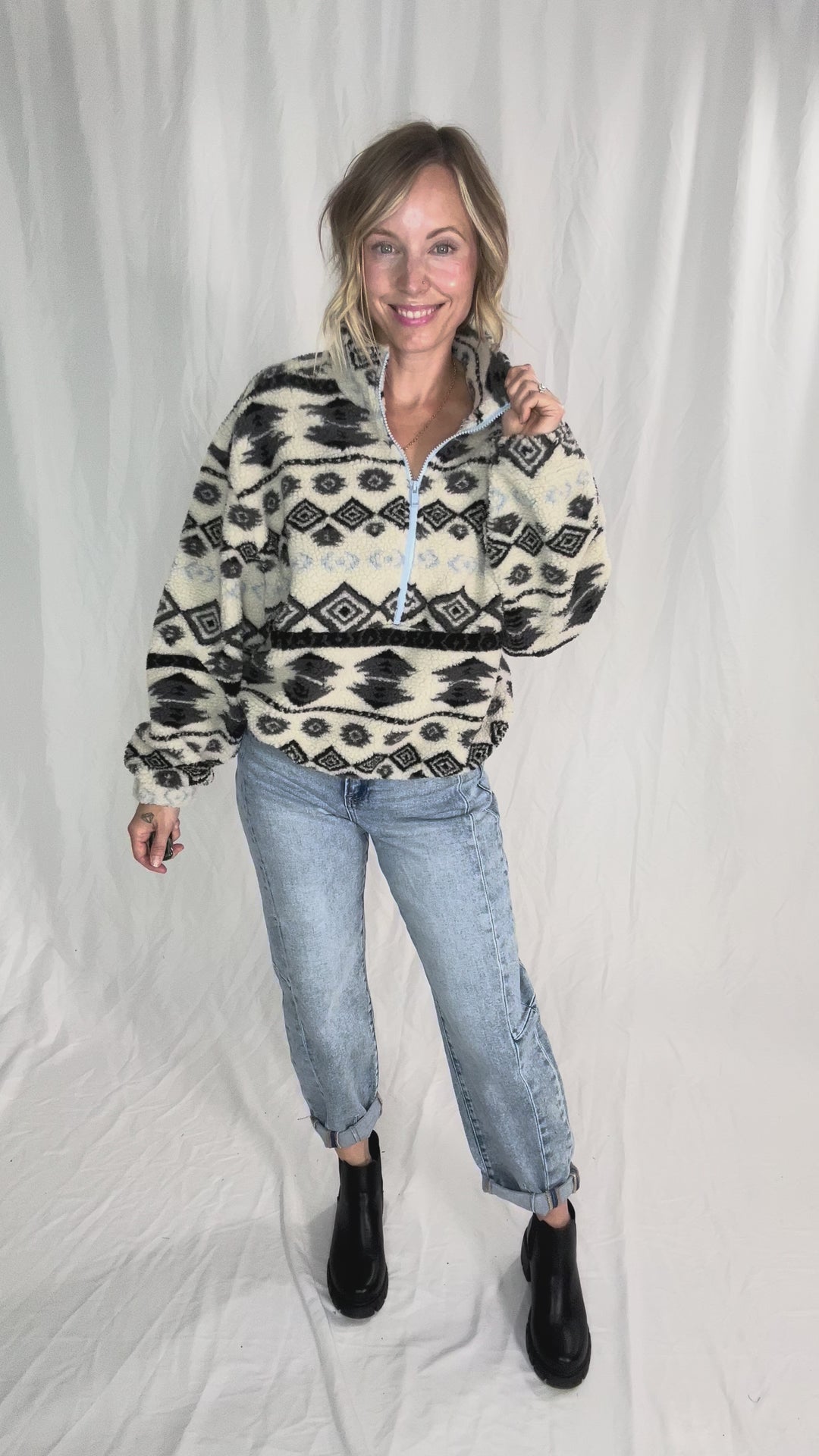 ONLY Janne Geometric Teddy 1/2 Zip- BIRCH