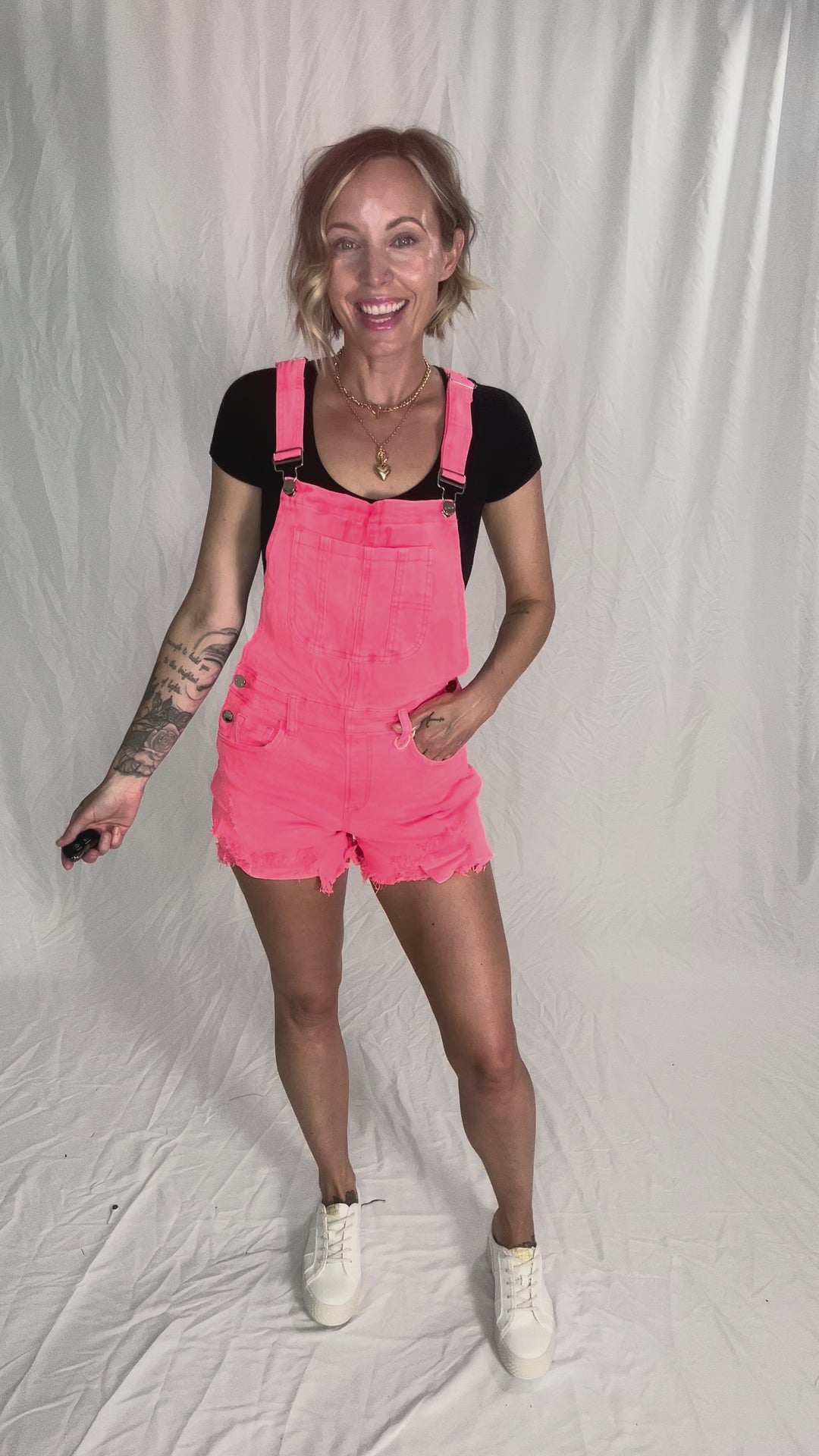 RISEN Jayla Front Distressed Short Overall- CORAL-FINAL SALE